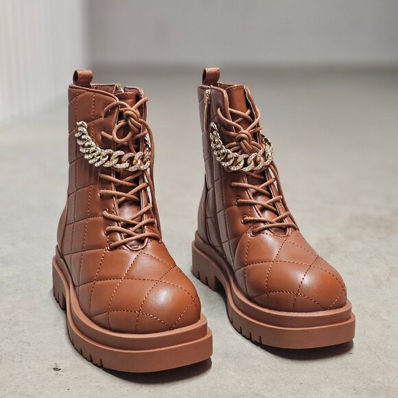 Shoes - Quilted Faux Leather Lace-Up Combat Boots With Gold Chain Accent - Brown